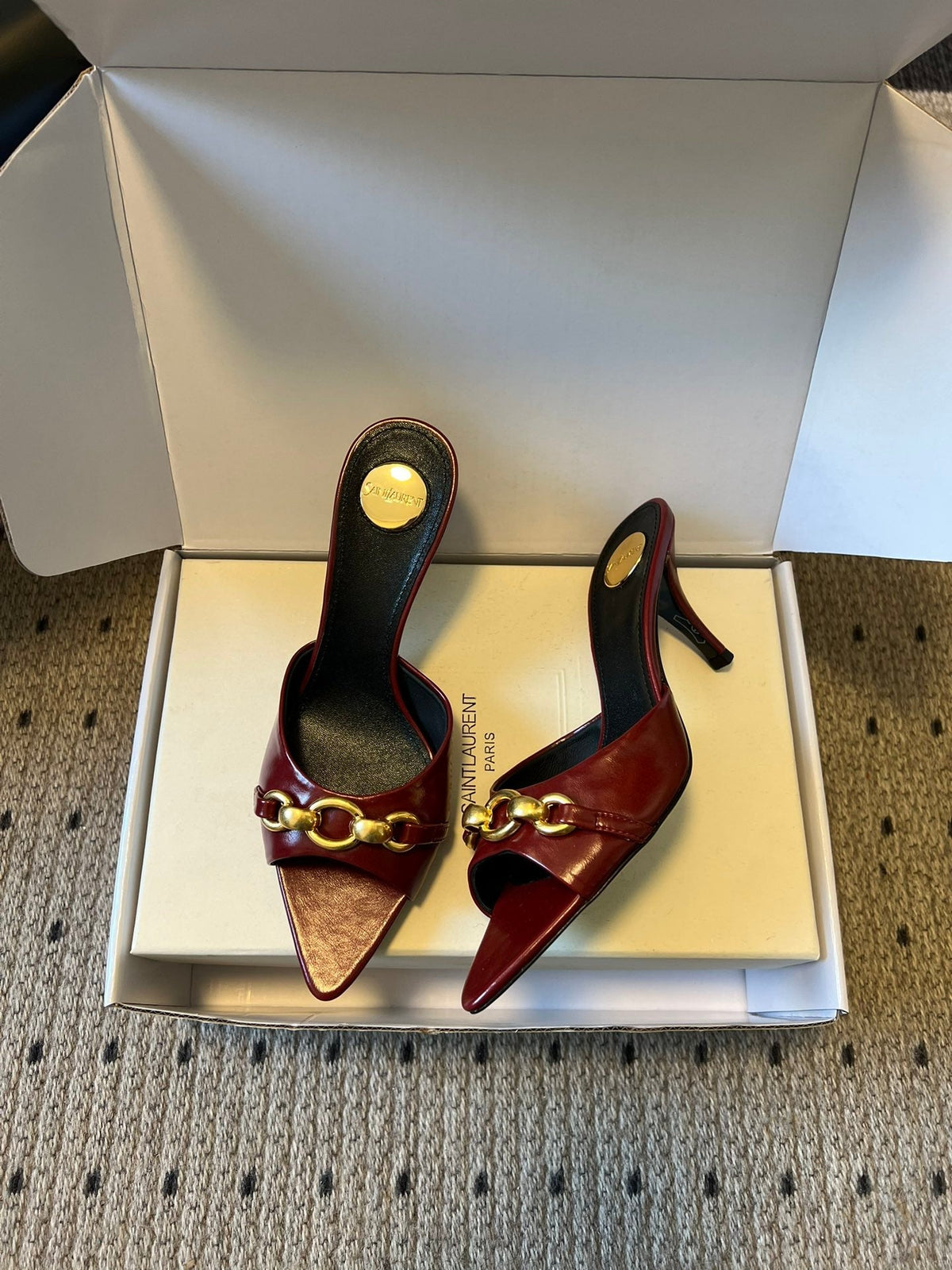 YSL 26ss Pointed Toe High Heeled Mules 75 Sheepskin