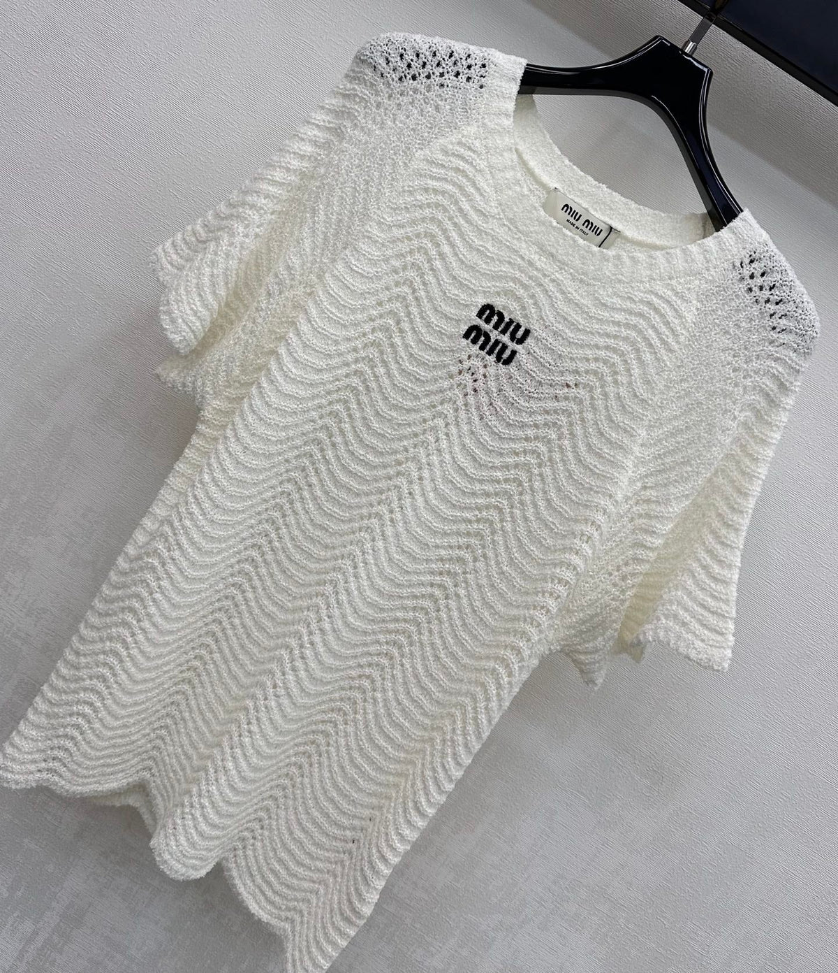Miu Miu 2026 Wavy Pattern Short-Sleeve Knitwear Black and White Wool