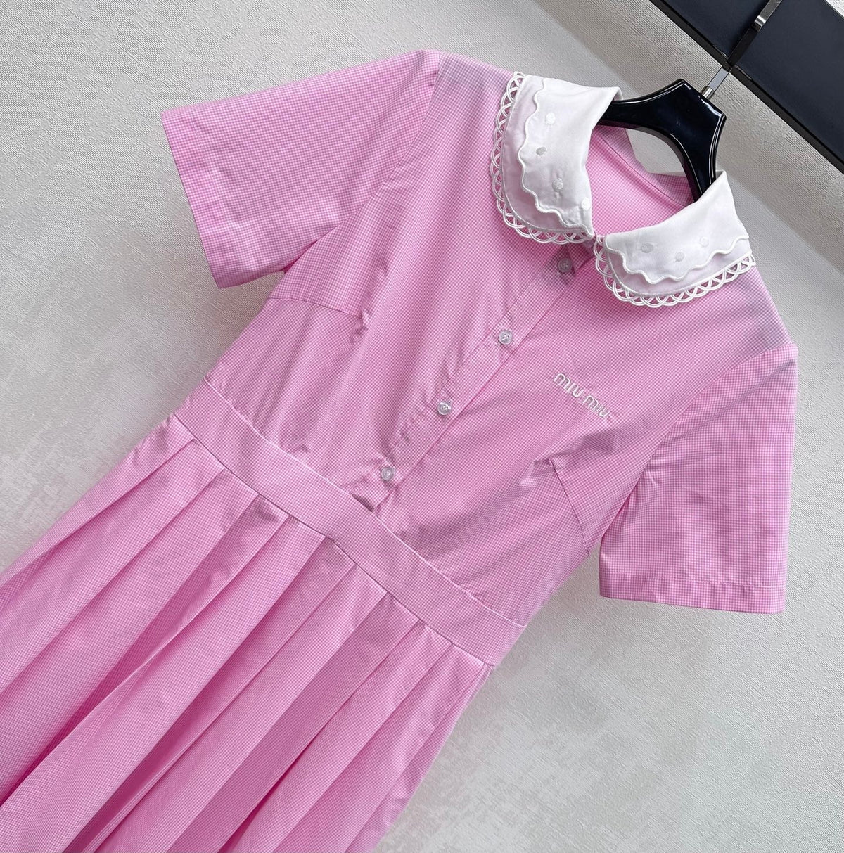 Miumiu 2026 Lace Collar Plaid Shirt Dress Cotton 392623