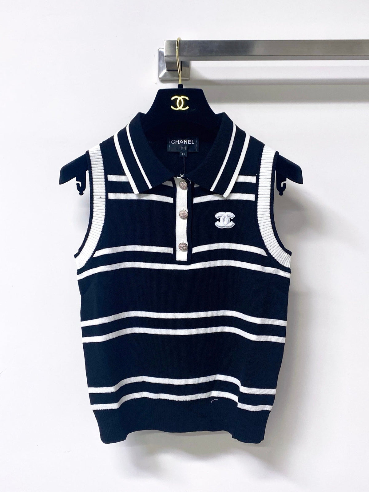Chanel 2026 Striped Vest White and Black Tencel Wool 295249