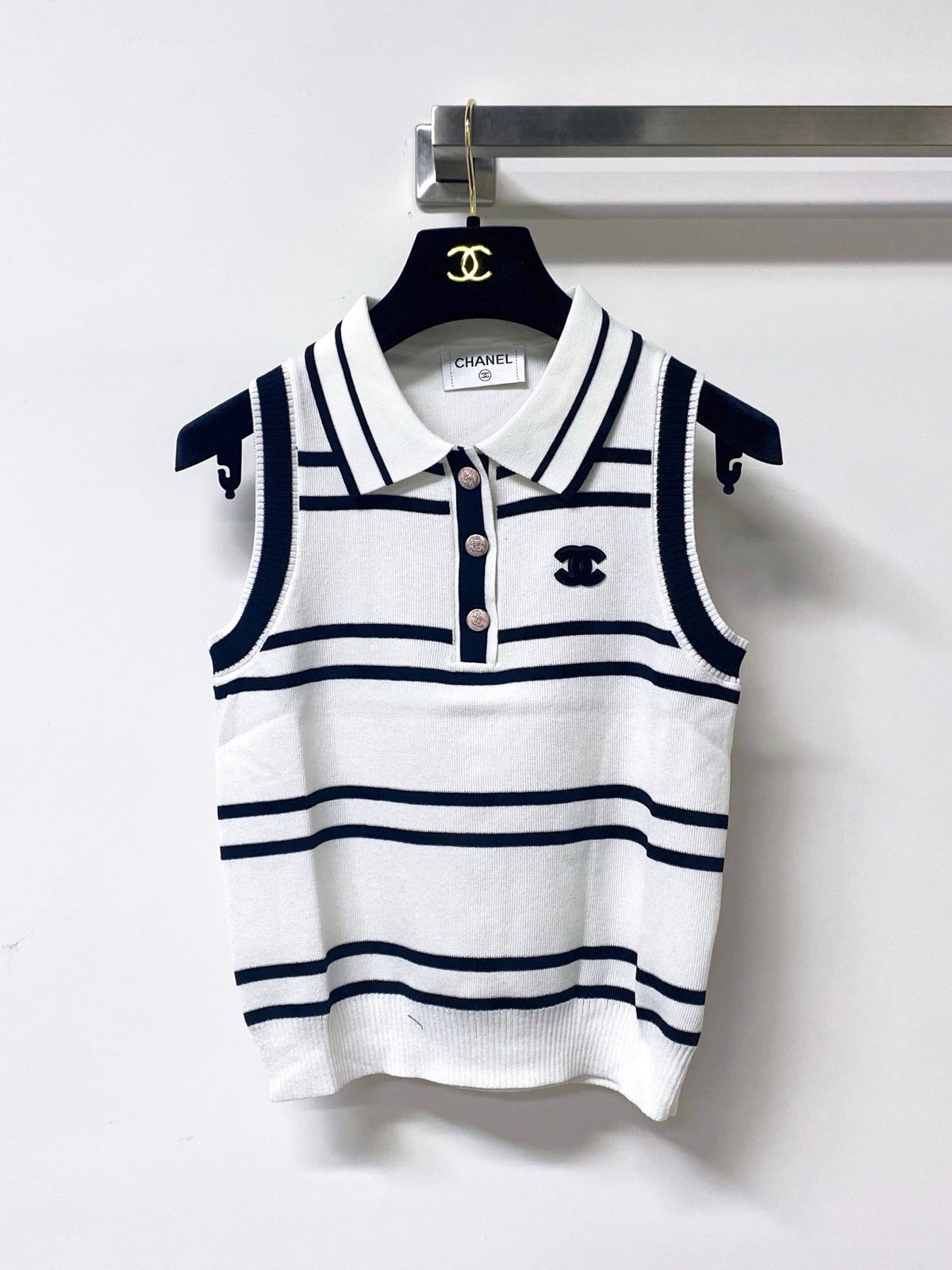 Chanel 2026 Striped Vest White and Black Tencel Wool 295249