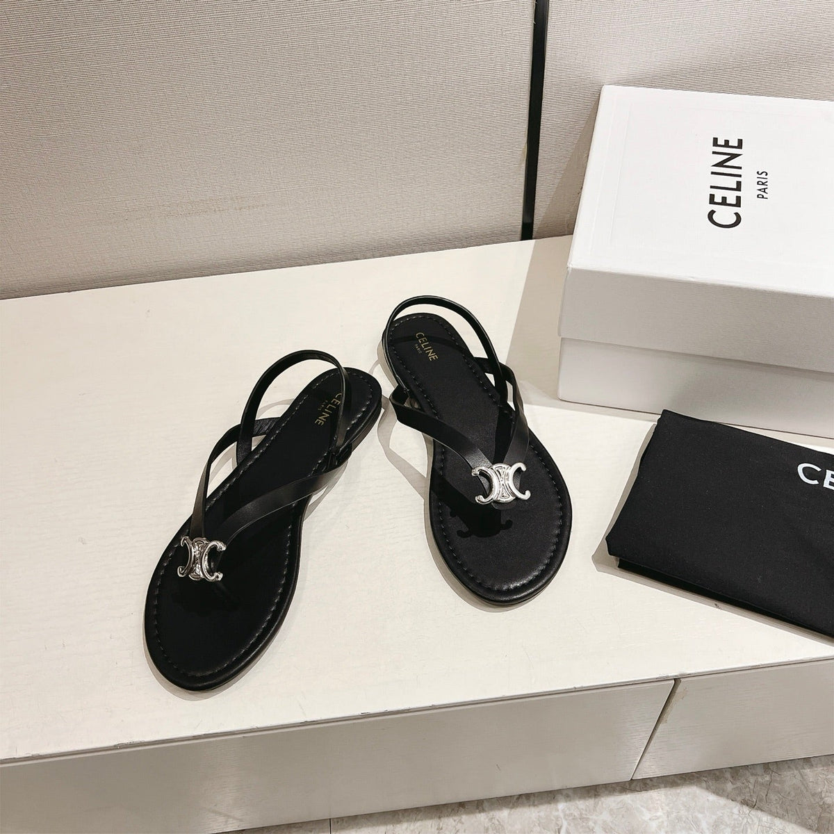 Celine 26 Biki Sandals Calfskin Iconic Triomphe Logo Leather 770912
