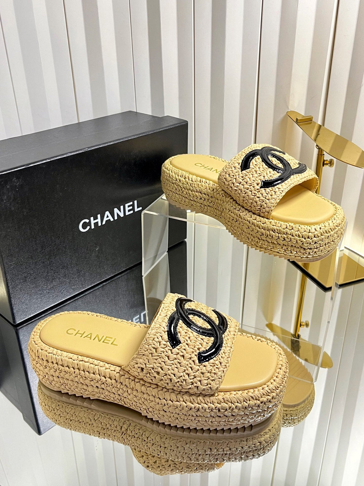 Chanel 2026 Crochet CC Platform Slide Sandals 40mm Raffia Leather 767882