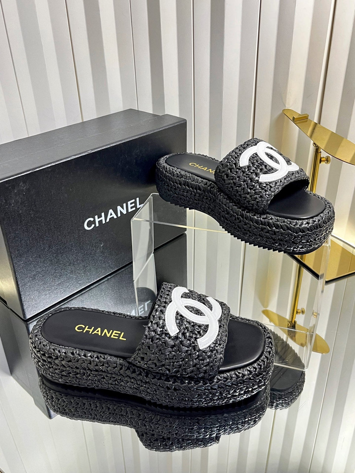 Chanel 2026 Crochet CC Platform Slide Sandals 40mm Raffia Leather 767882