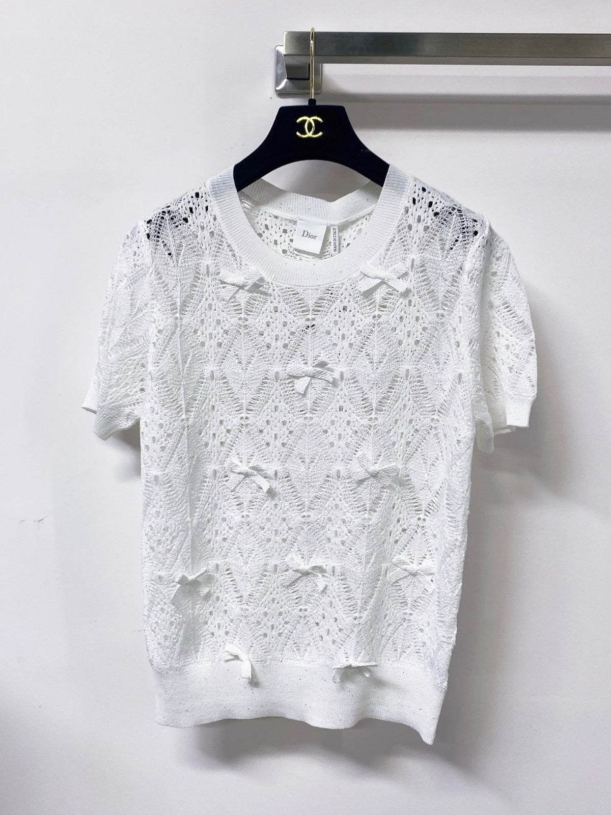 Dior 2026 Openwork Lace Knit Short-Sleeve Top Bow Details 479896