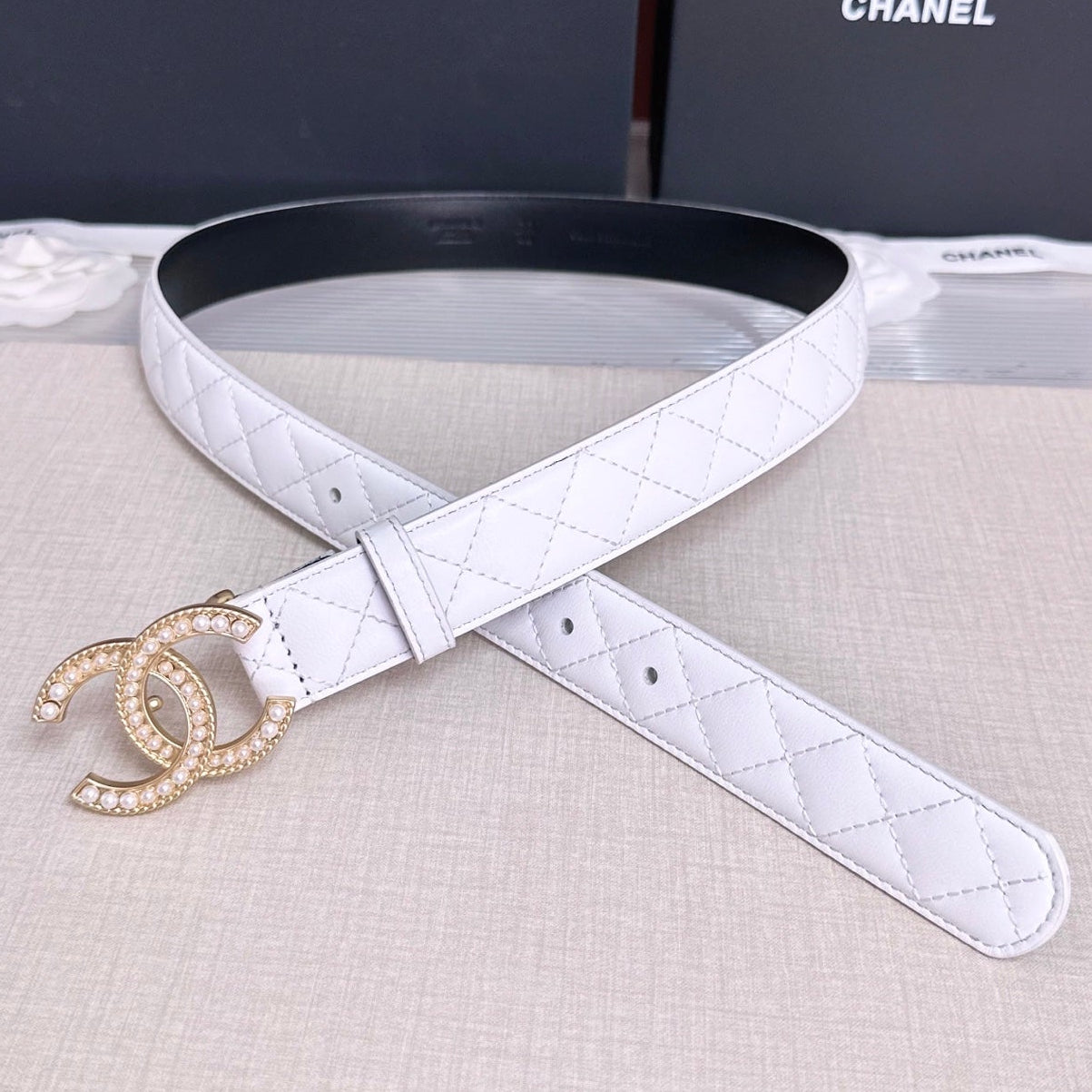 Chanel 2026 Quilted Pearl CC Belt 30mm Lambskin