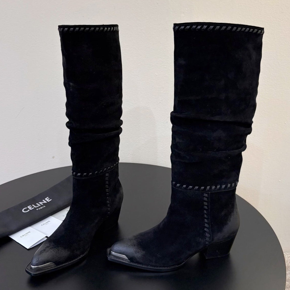 Celine 2026 Western Knee-High Boots 50mm Suede Leather 104847