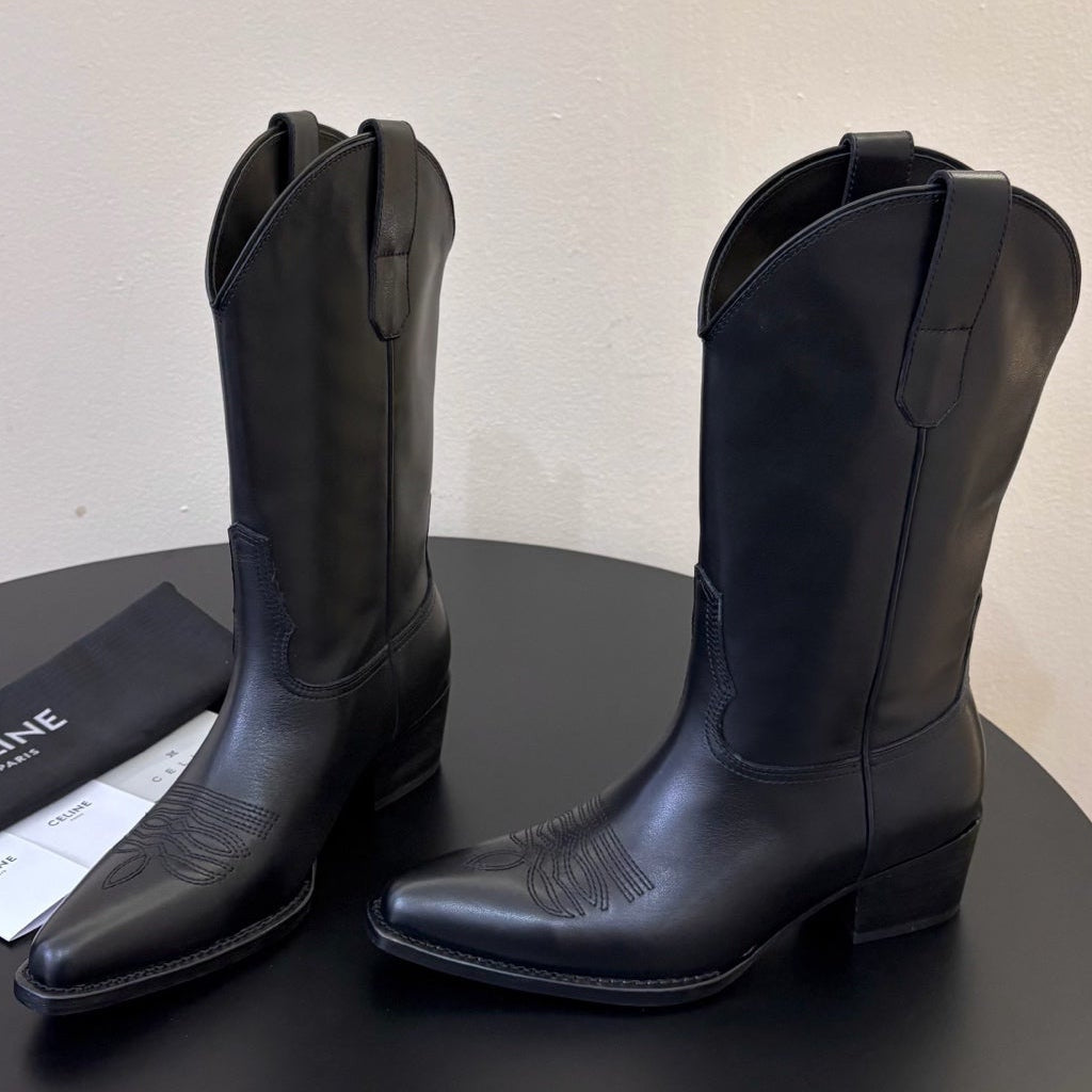 Celine 2026 Western Mid-Calf Cowboy Boots 50mm Suede Calfskin 104857