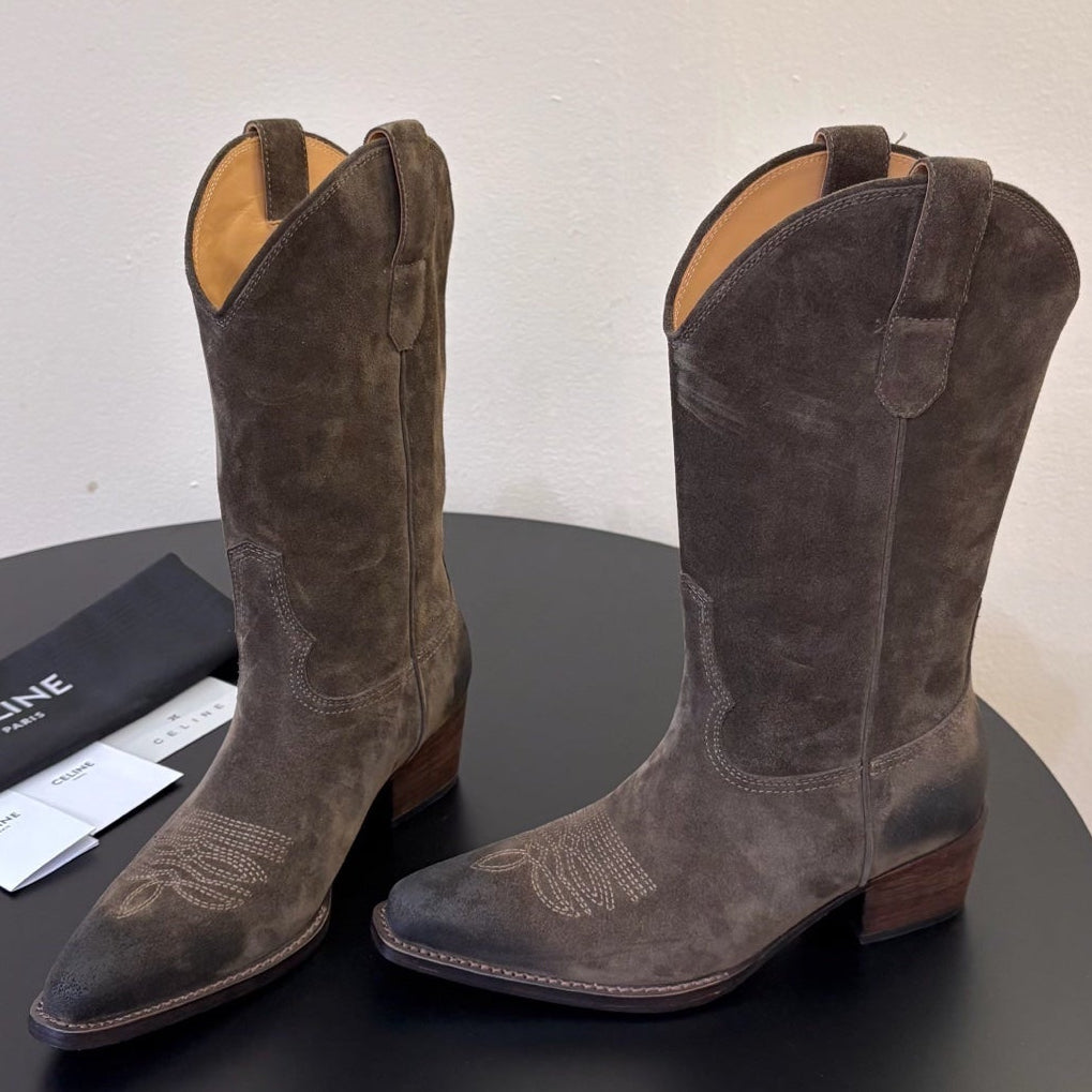 Celine 2026 Western Mid-Calf Cowboy Boots 50mm Suede Calfskin 104857
