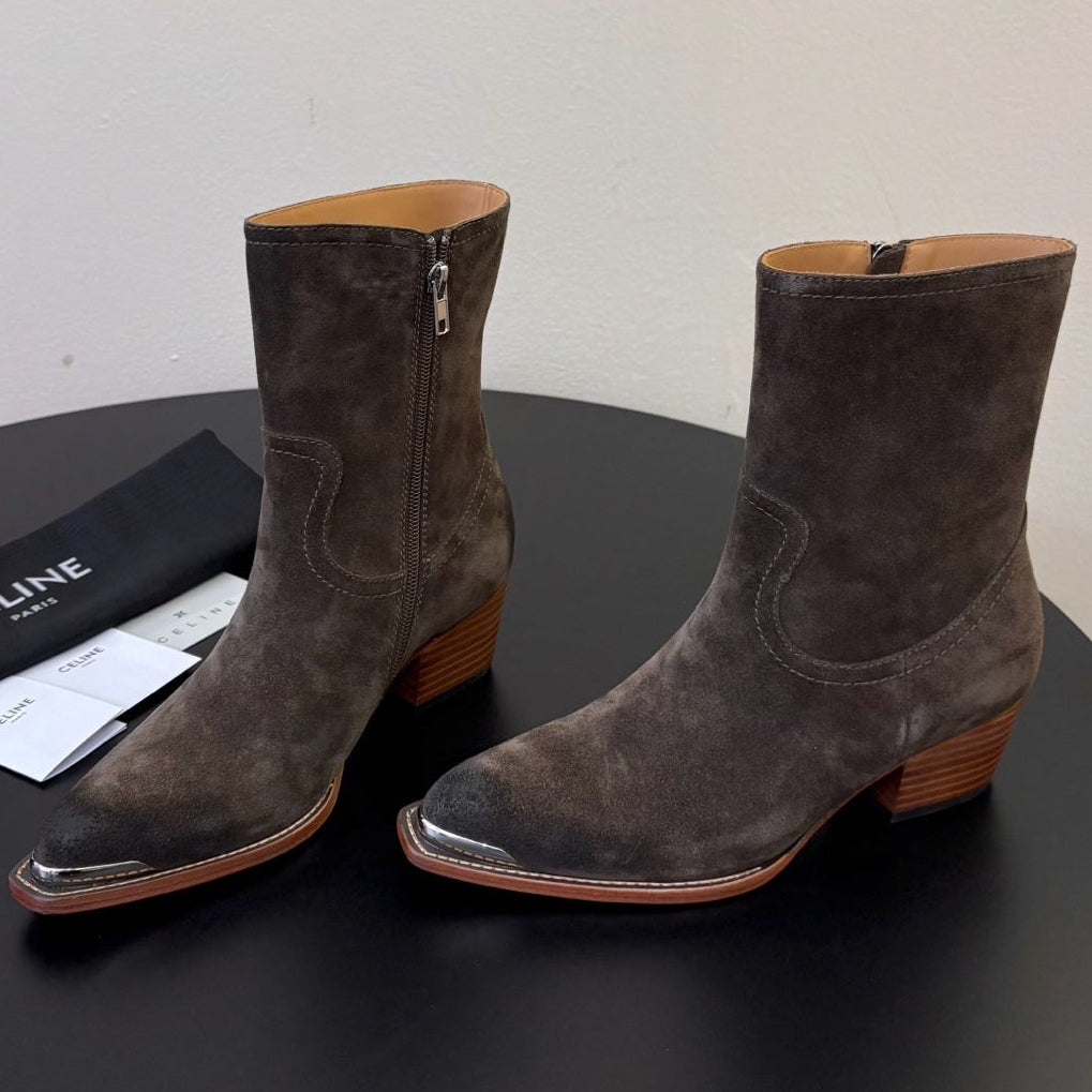 Celine 2026 Western Metallic Toe Ankle Boots 50mm Suede Leather 104866