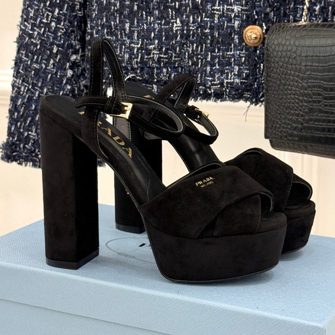 Prada 2026 Crisscross Platform Sandals 13cm Suede Leather 174856
