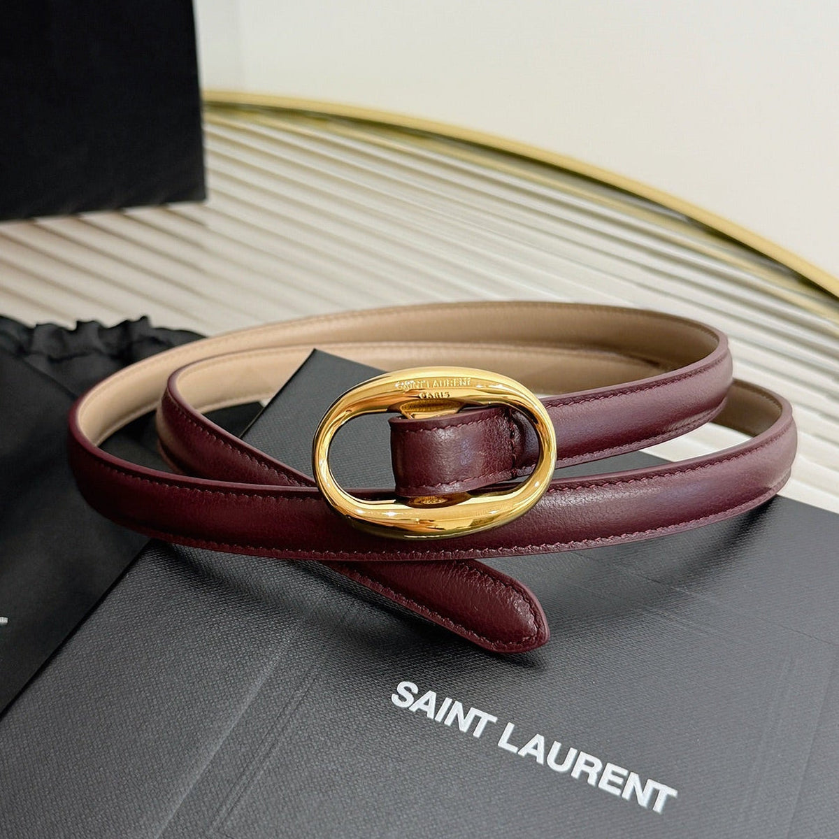 Saint Laurent 2026 Oval Belt 15mm Burgundy Leather 219084
