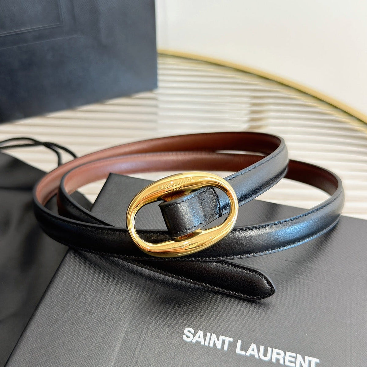 Saint Laurent 2026 Oval Belt 15mm Black Leather 219099