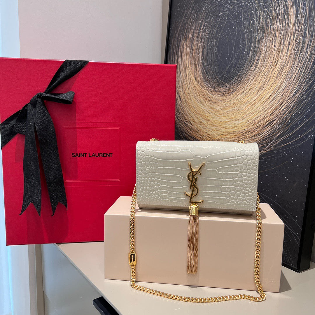 YSL 2026 Kate Bag 20cm Gold Hardware Croc-Embossed Leather