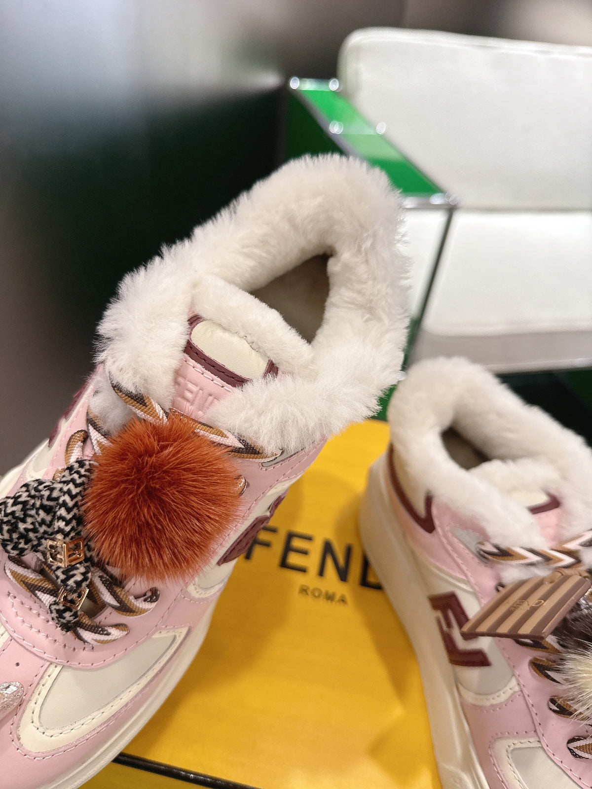 Fendi 2025 Match Platform Sneakers Pink White Leather Wool 562582