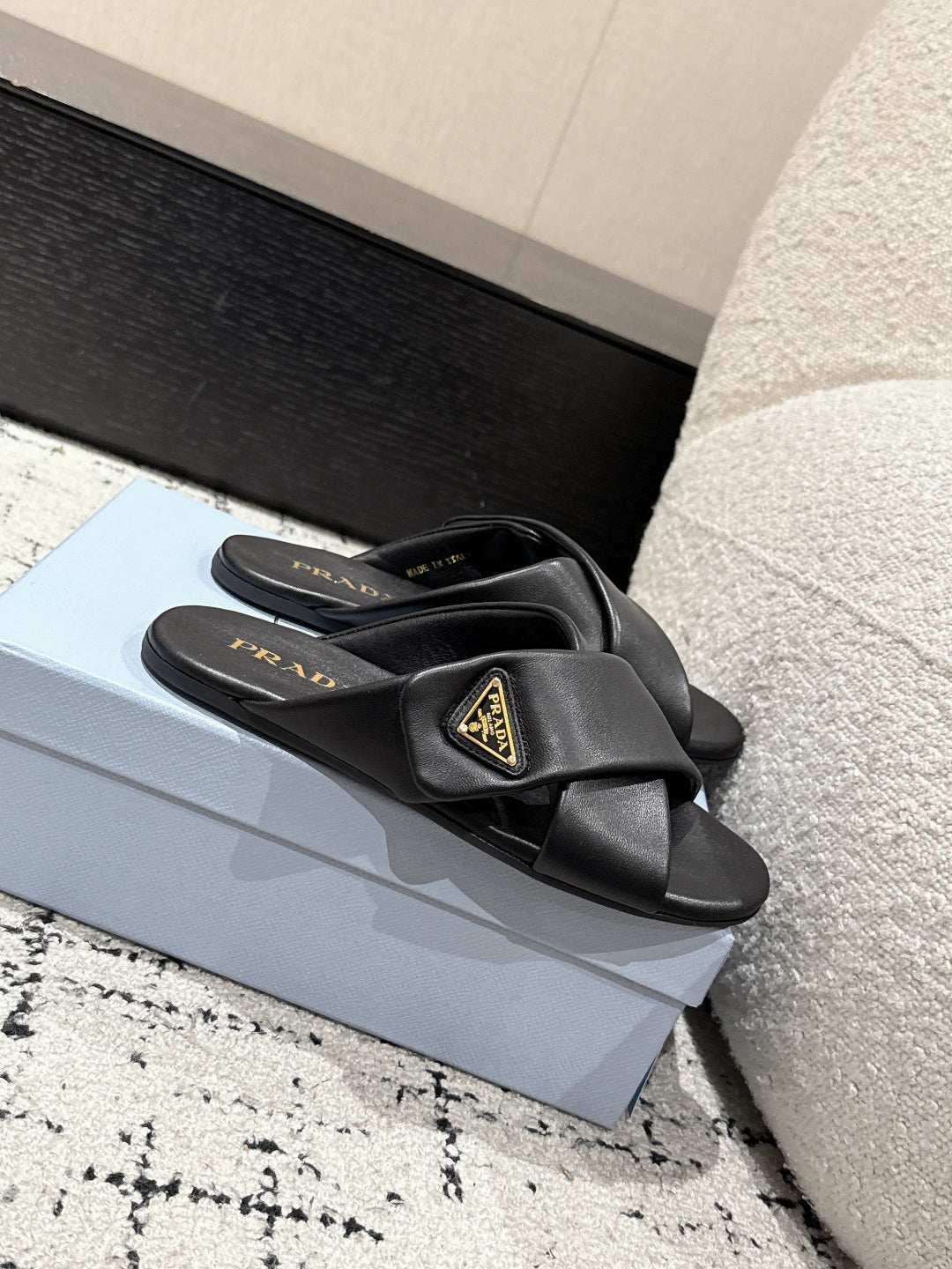 Prada 25 Cross-band Flat Slippers Black Cowhide 301737