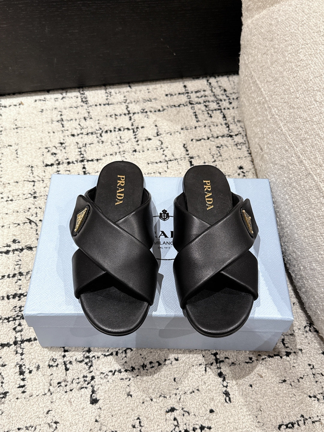 Prada 25 Cross-band Flat Slippers Black Cowhide 301737