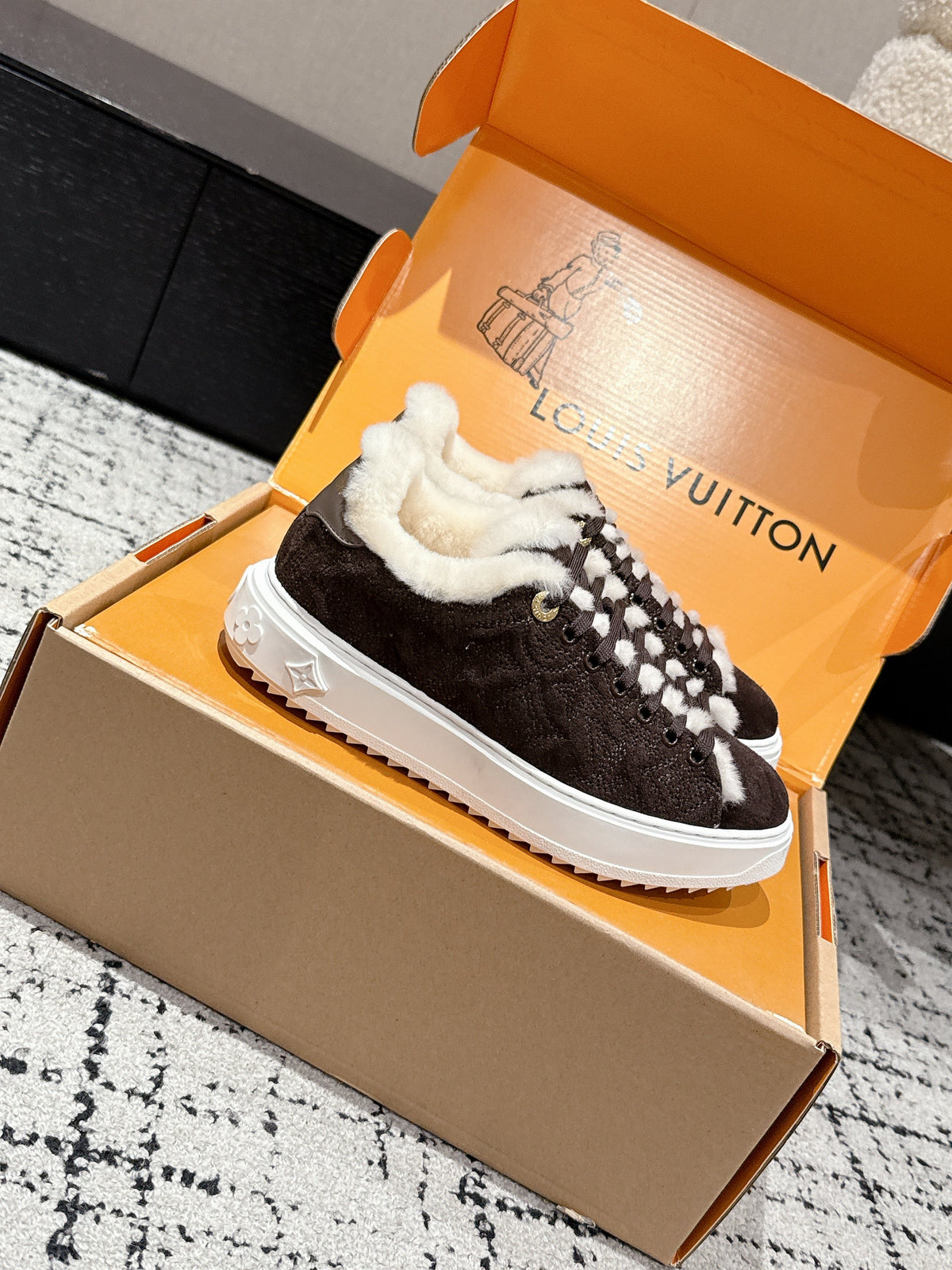 LV 2026 Time Out Sneaker Brown White Suede Wool 595292