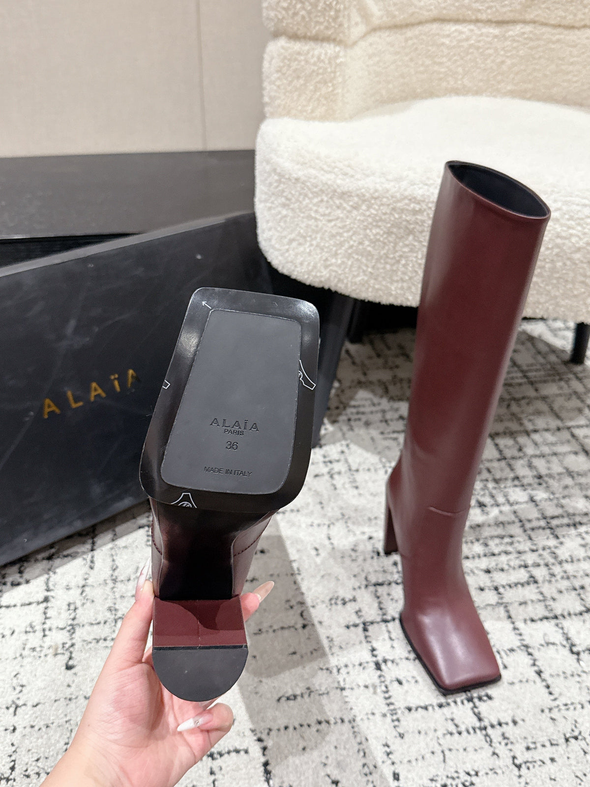 Alaia 2025 Square Toe High Heeled Boot Burgundy Calfskin 558670