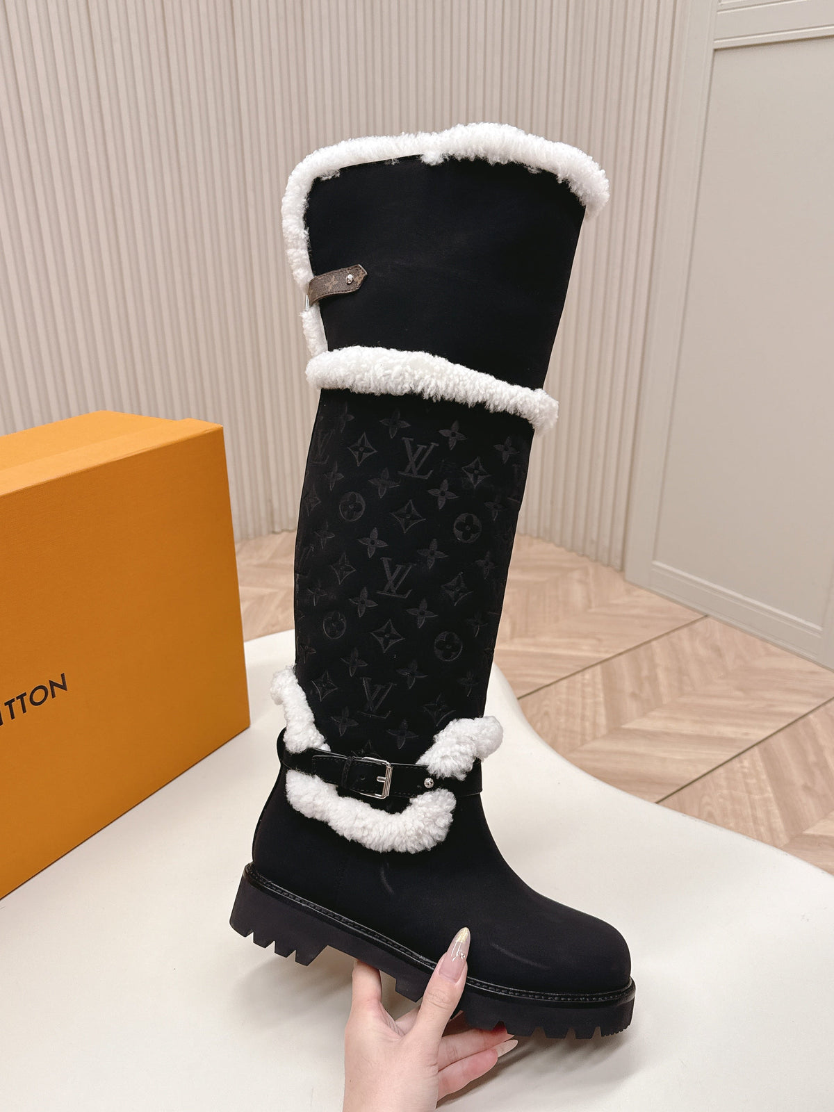 LV 2026 Territory Flat Thigh Boot Black White Nubuck Calf Leather 595433