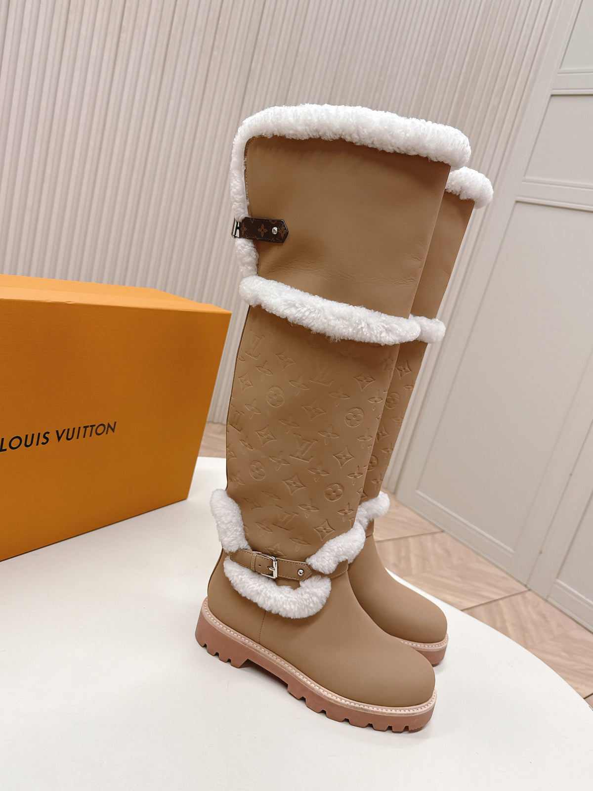 LV 2026 Territory Flat Thigh Boot Beige White Nubuck Calf Leather 595434