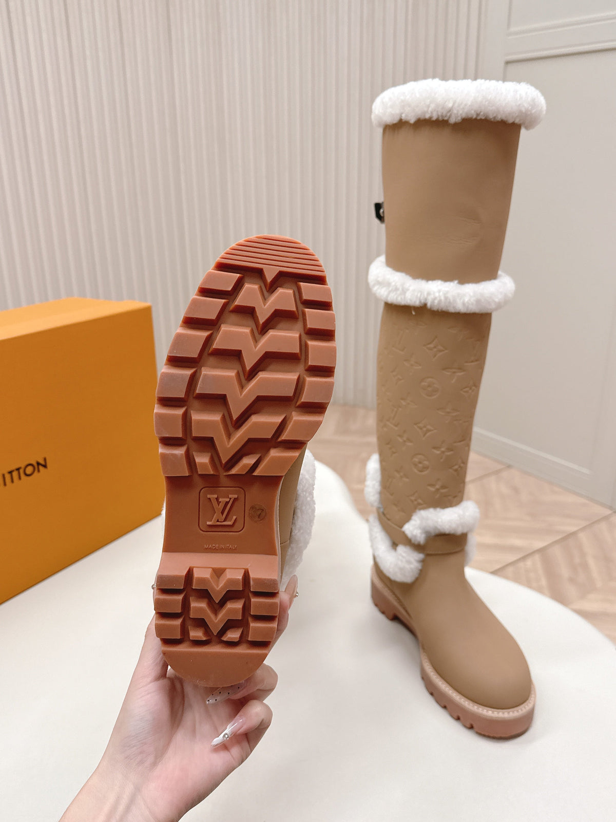LV 2026 Territory Flat Thigh Boot Beige White Nubuck Calf Leather 595434