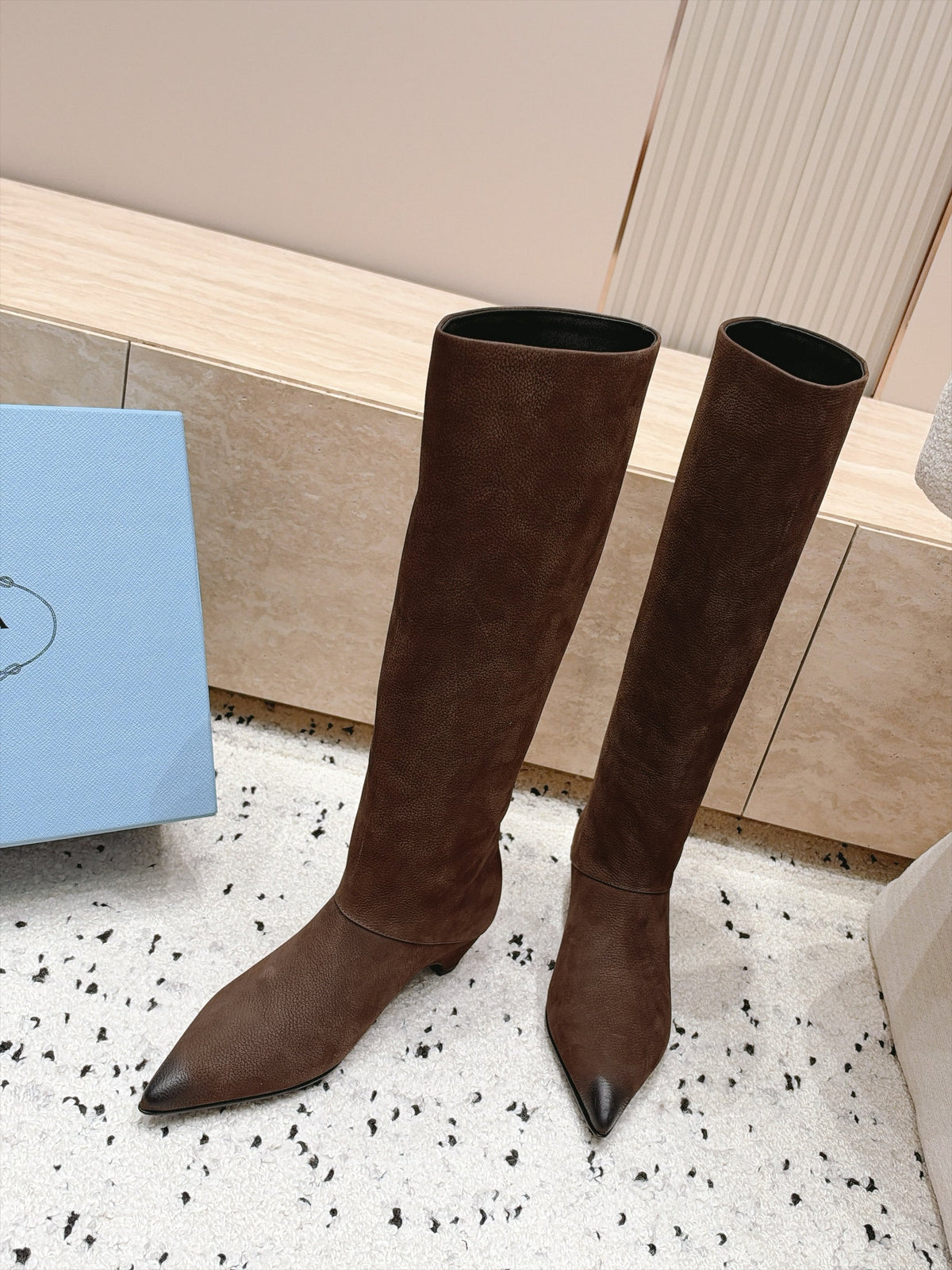 Prada 2026 Kitten Heel Pointed Toe Boots Suede 180411