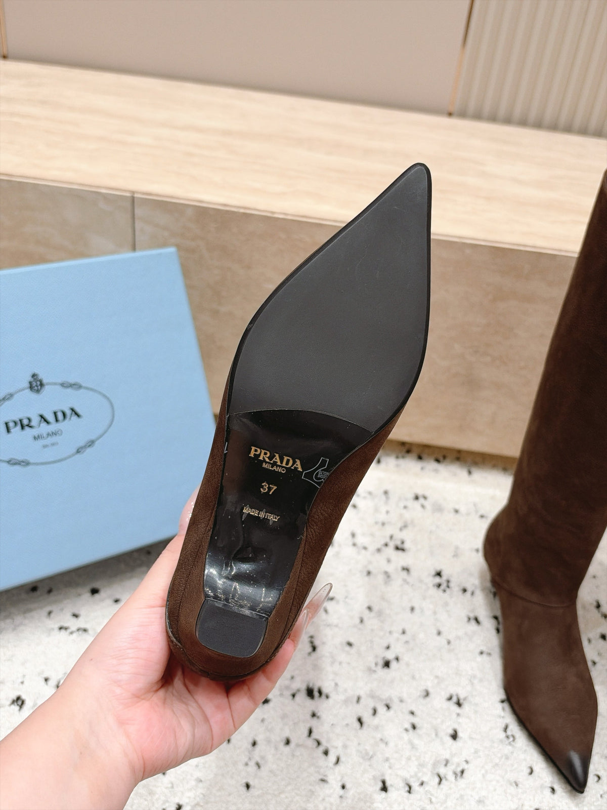 Prada 2026 Kitten Heel Pointed Toe Boots Suede 180411