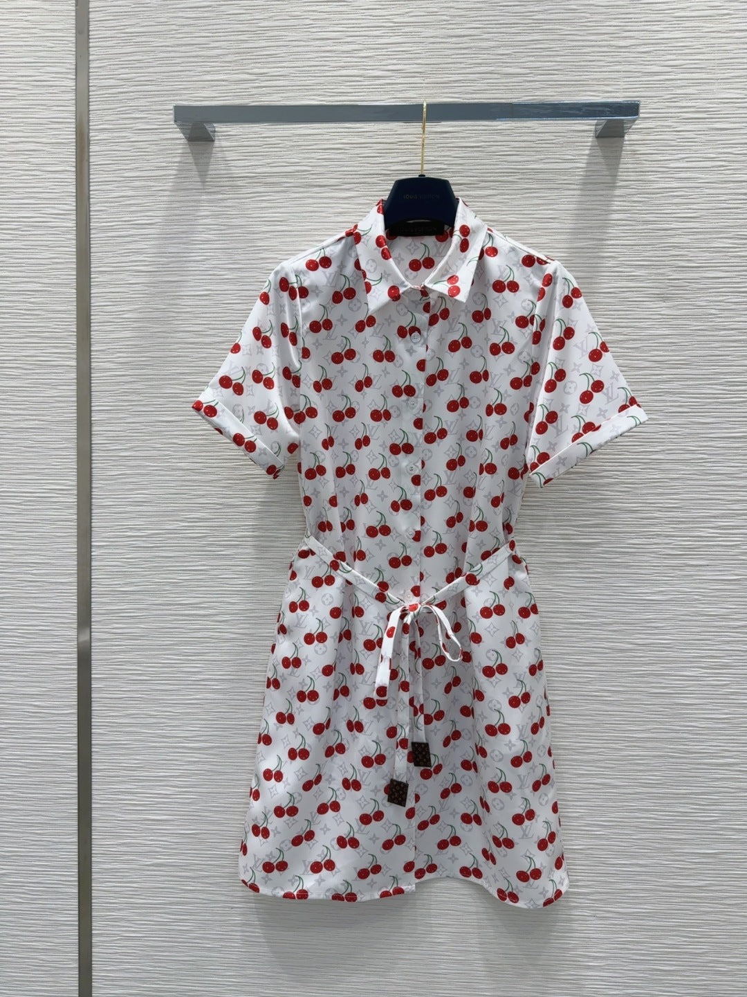 LV 25S Cherry Printed Dress White Red Poliester