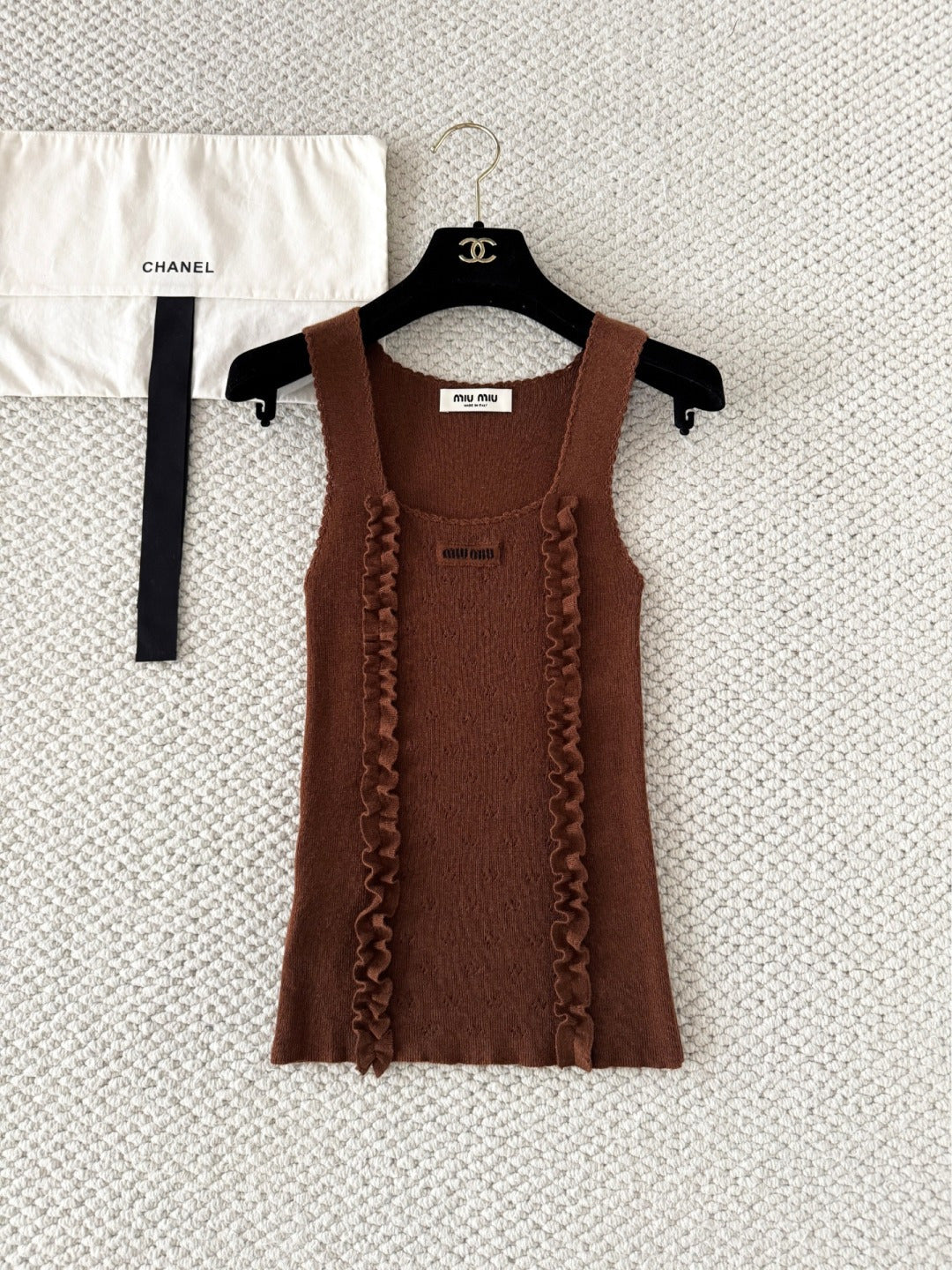 Miumiu 2026 Ruffled Knitted Vest Brown Cashmere and Silk Blend 380637