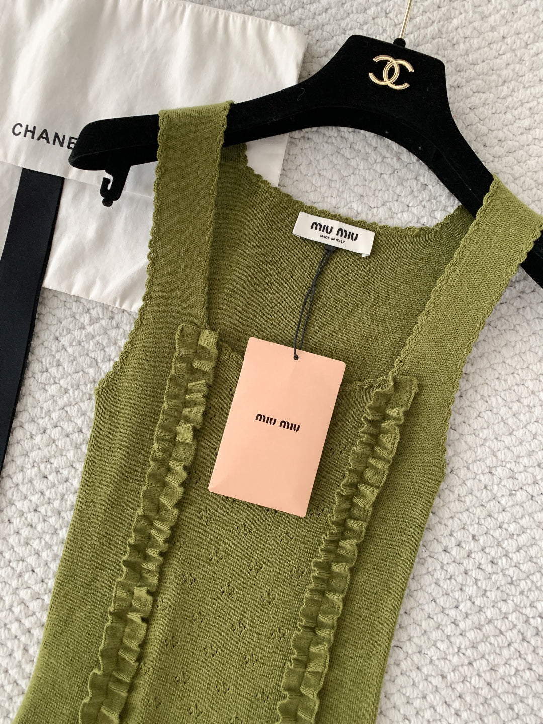 Miumiu 2026 Ruffled Knitted Vest Green Cashmere and Silk Blend 380635