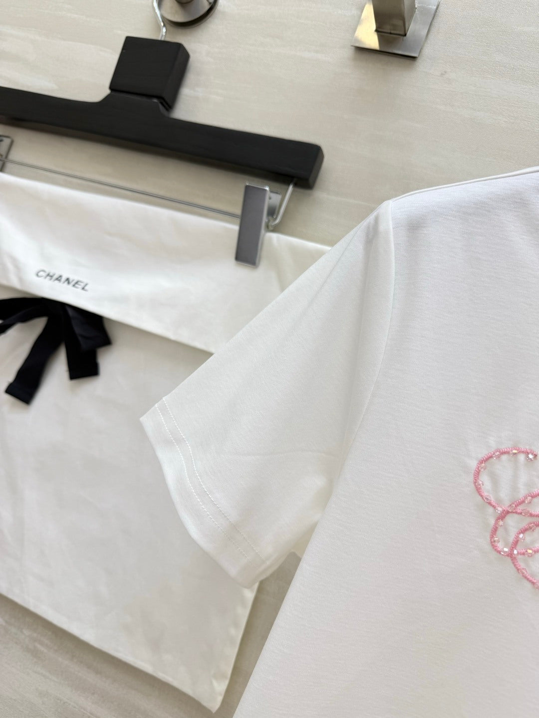 Chanel 2026 Pink and White Embroidered Chanel-Style T-Shirt Cotton 377543
