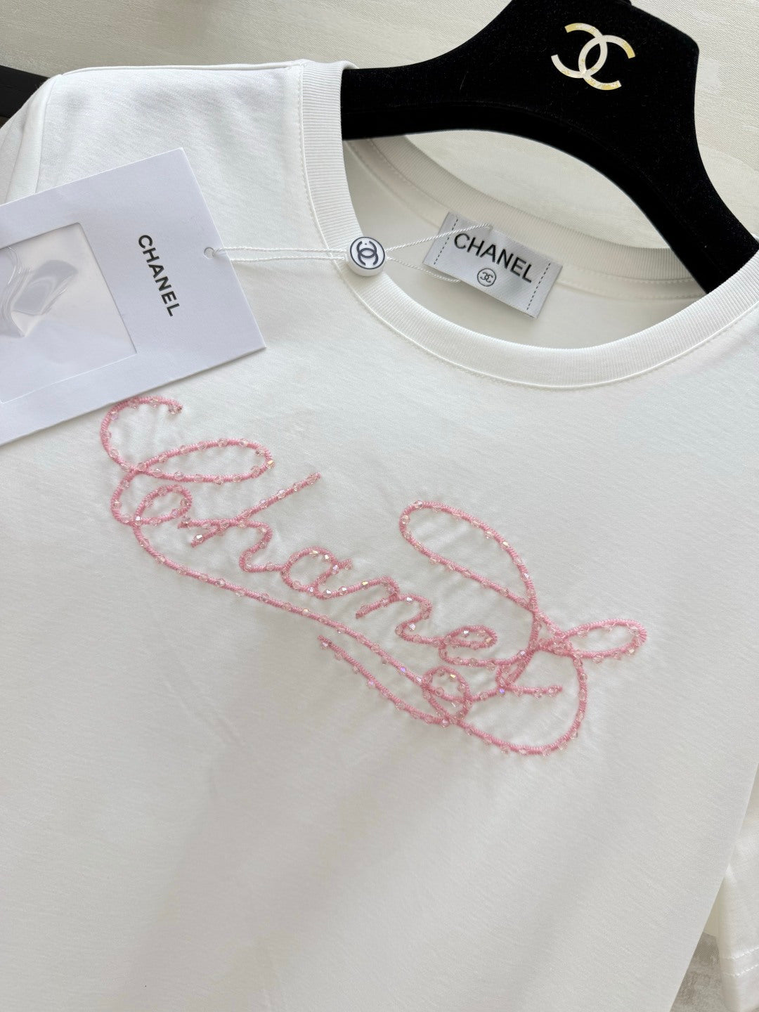 Chanel 2026 Pink and White Embroidered Chanel-Style T-Shirt Cotton 377543