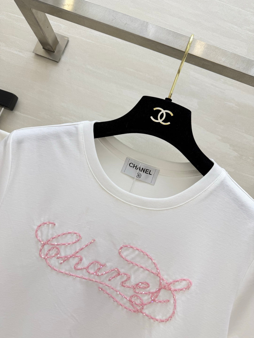 Chanel 2026 Pink and White Embroidered Chanel-Style T-Shirt Cotton 377543