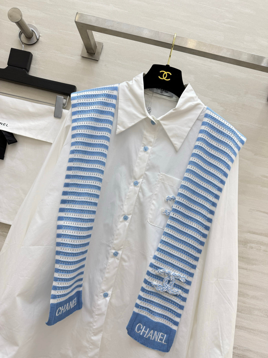 Chanel 2026 White Shirt and Blue Striped Shawl Set Cotton 391161