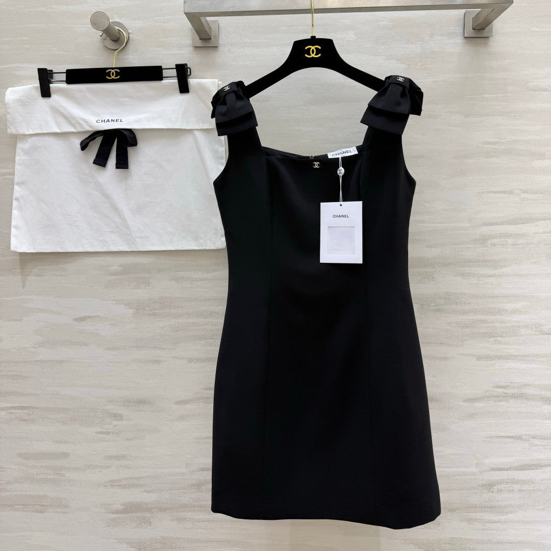 Chanel 2026 Bow-Tie Strap Slip Dress Black Cotton 392940