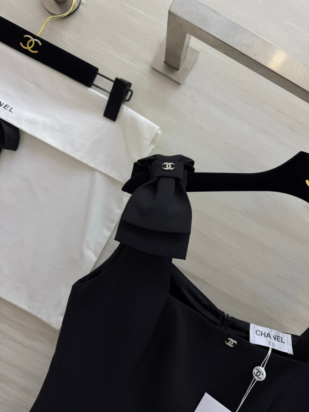 Chanel 2026 Bow-Tie Strap Slip Dress Black Cotton 392940