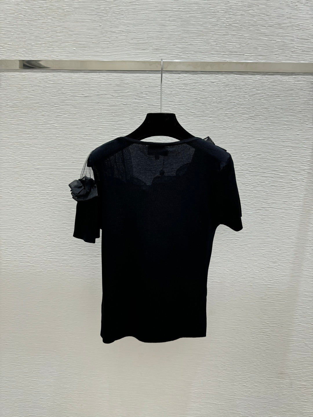 Chanel 2026 Ruffled Neckline Knit Top Black White Wool Nylon
