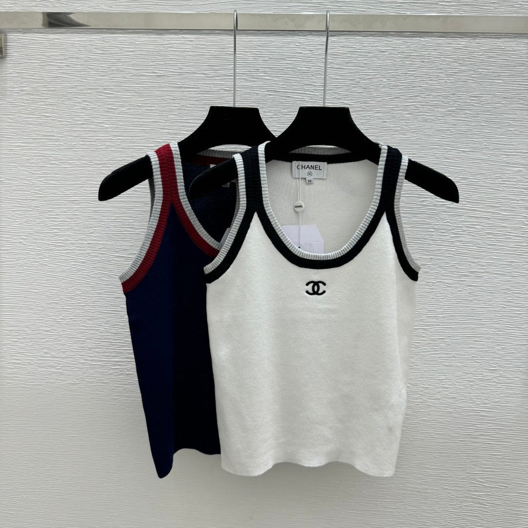 Chanel 2026 Tank Top White and Navy Blue Wool Nylon
