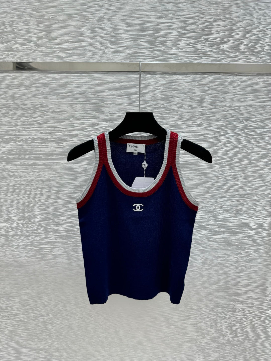Chanel 2026 Tank Top White and Navy Blue Wool Nylon