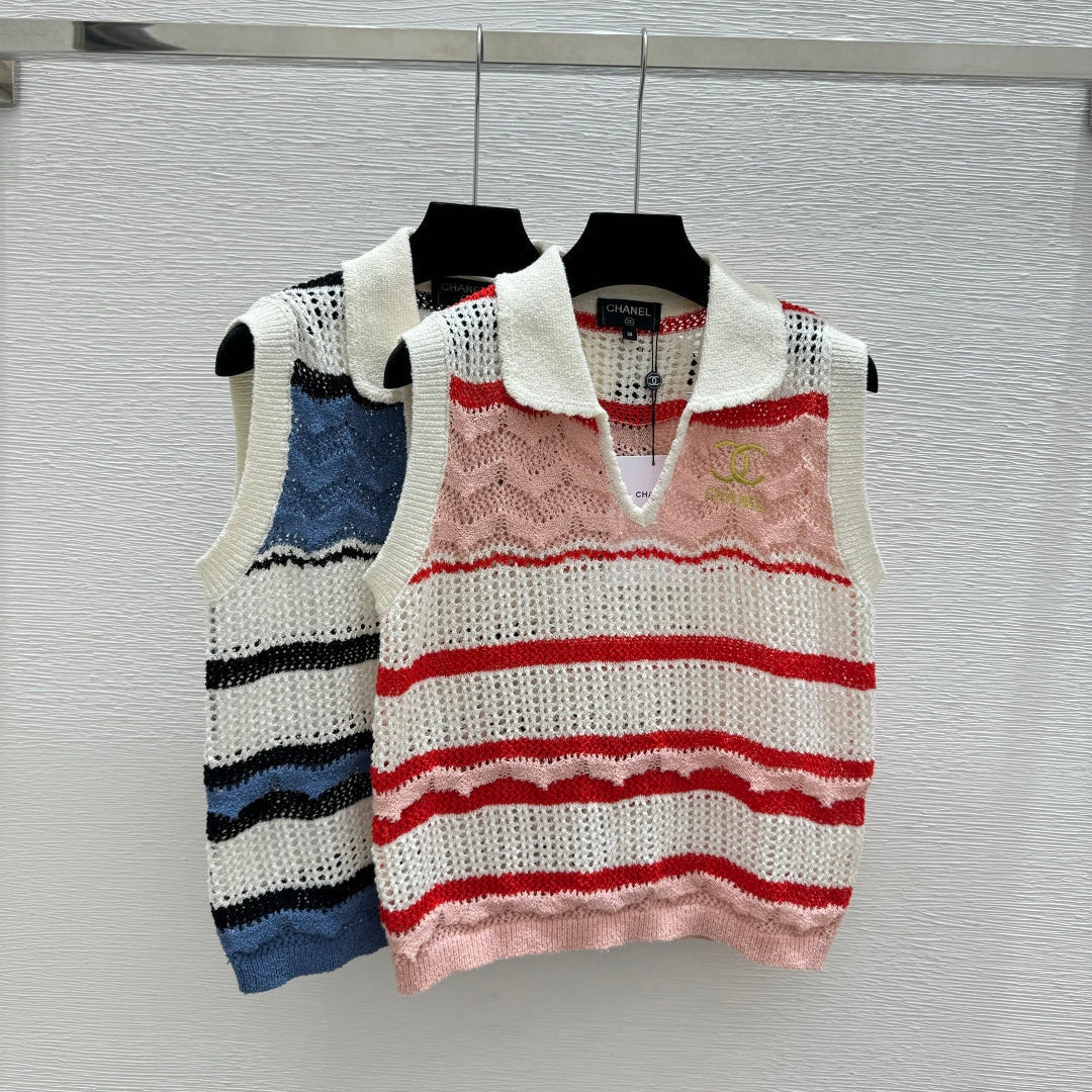 Chanel 2026 Striped Openwork Knit Vest Blue and Red Tencel 264033