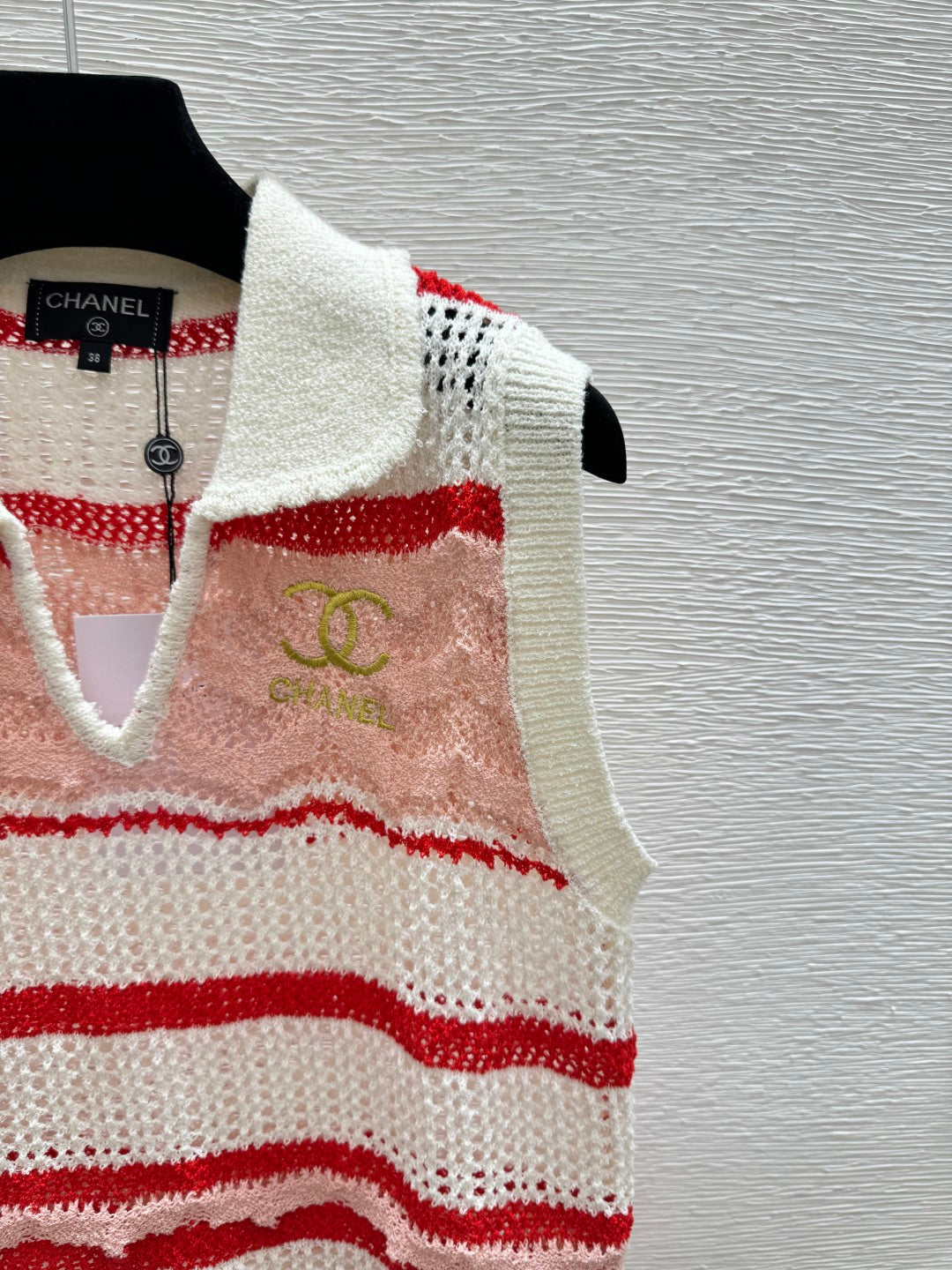 Chanel 2026 Striped Openwork Knit Vest Blue and Red Tencel 264033