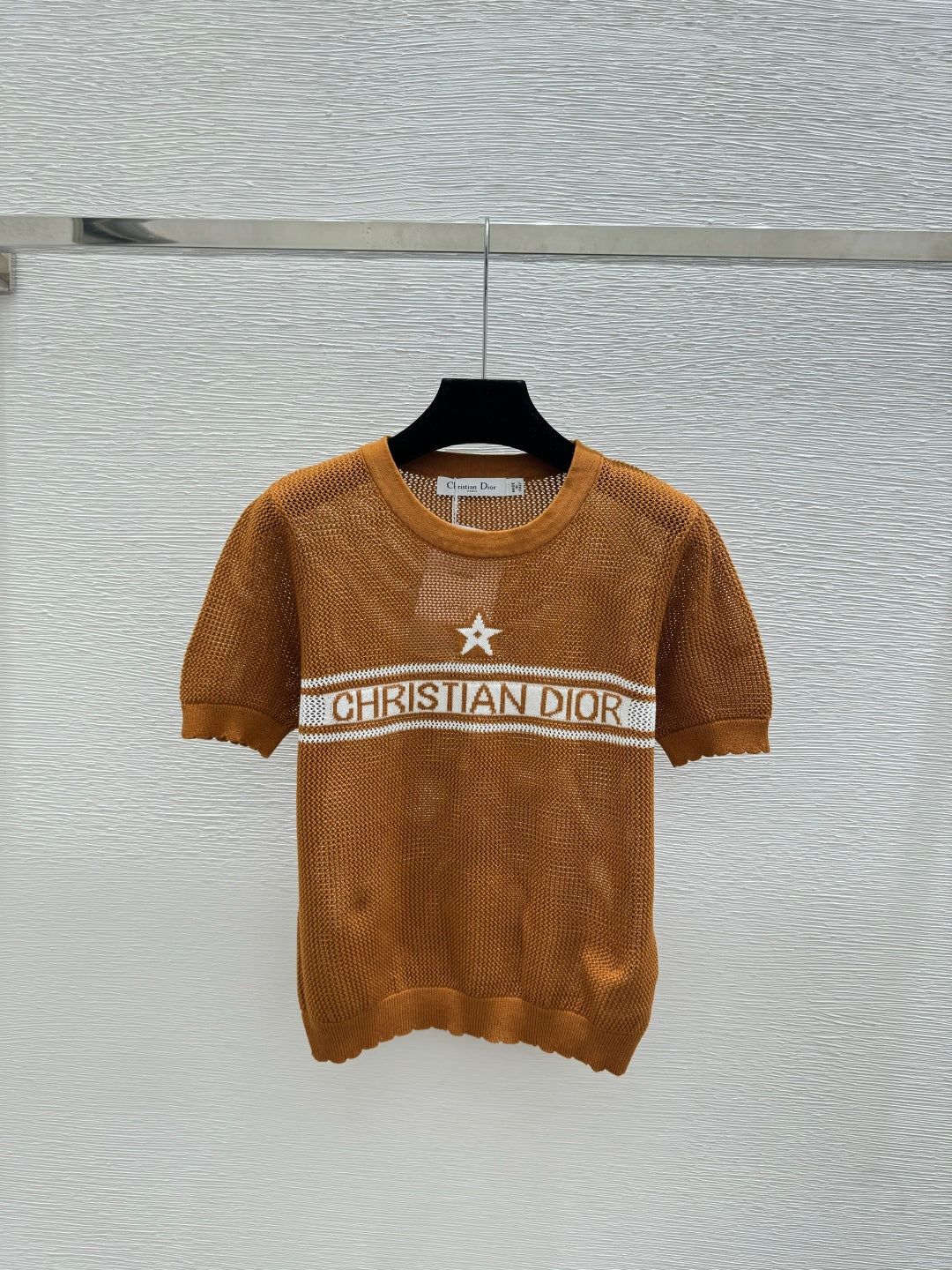 Dior 2026 Mesh Knit Short-Sleeve Top Brown and White Wool 341180