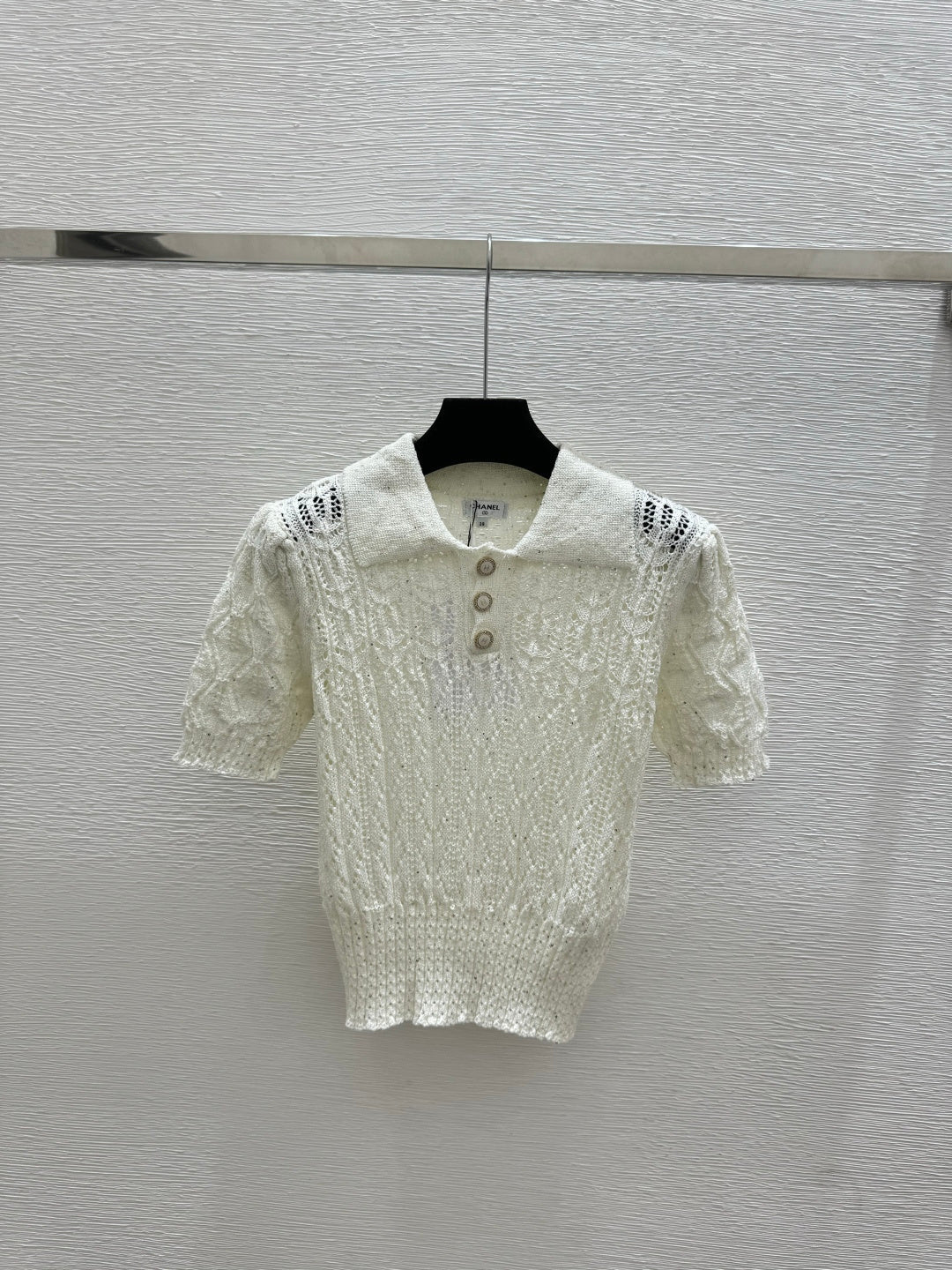 Chanel 2026 Sequin Hollow-Out Collar Knit Short-Sleeve Cotton 397678