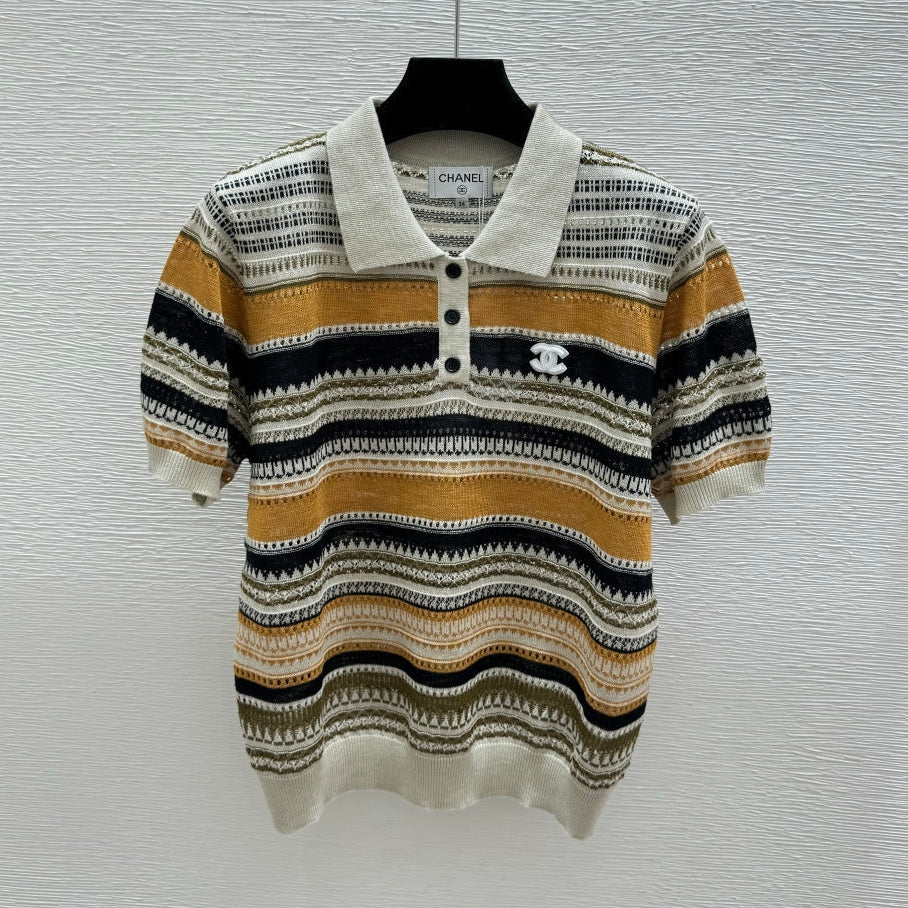 Chanel 2026 Striped Collared Simple Knit Short-Sleeve T-Shirt Wool Nylon 397696