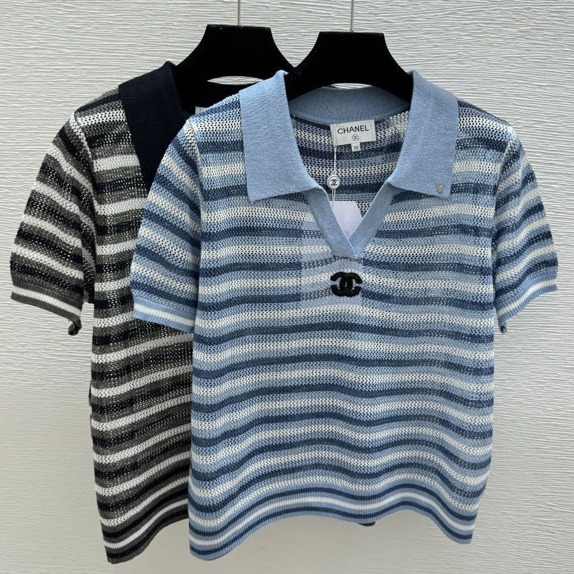 Chanel 2026 Striped Knitted Polo Shirt Wool Cashmere 516777