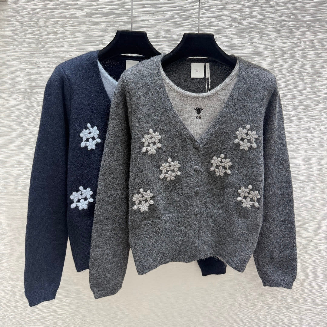 Dior 2026 Floral Faux Two-Piece Round Neck Knitted Long-Sleeve Cardigan Wool