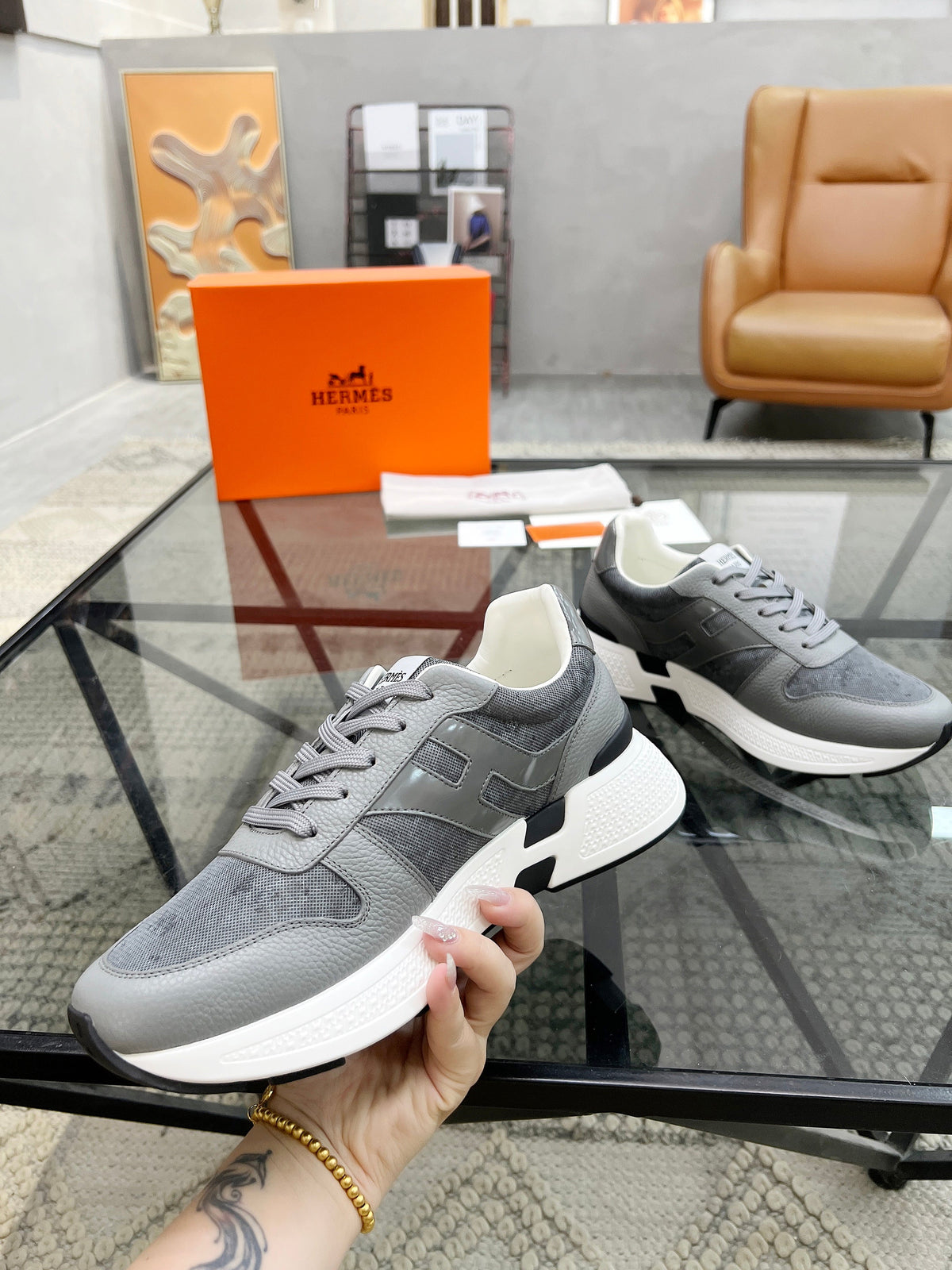 HM Men's Sneaker Grey Cowhide Fabric 603854