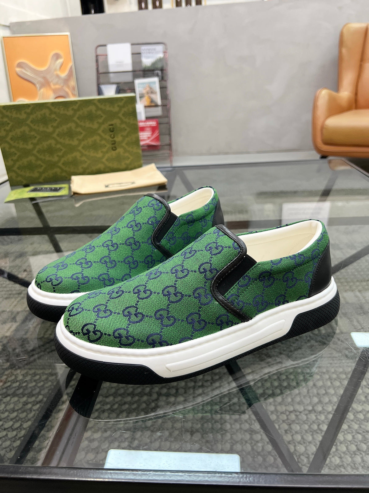 GG Men's Slip on Loafer Green Printed Fabric 721522