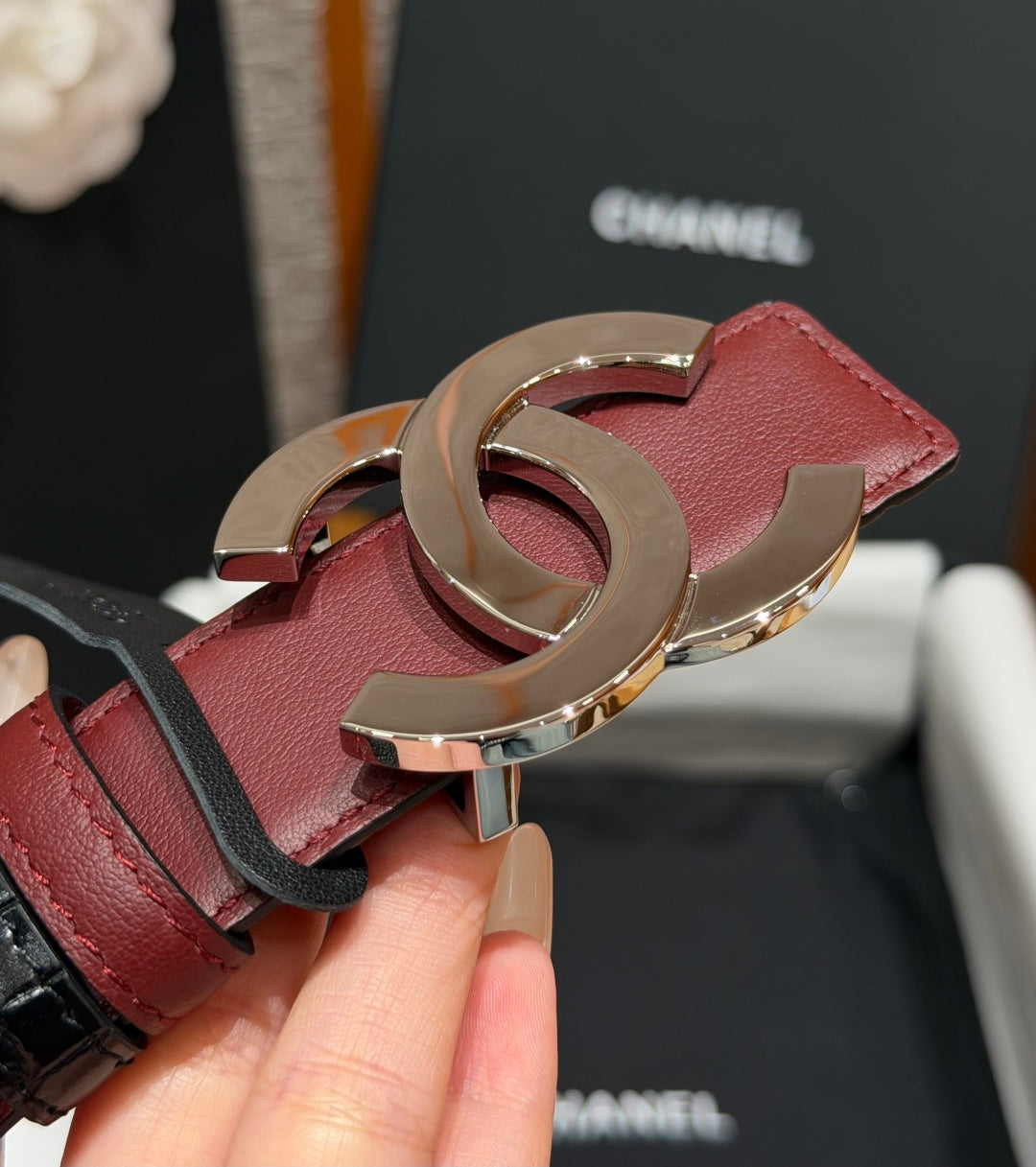 Chanel 2026 Crocodile Embossed Reversible Belt 30mm Calfskin